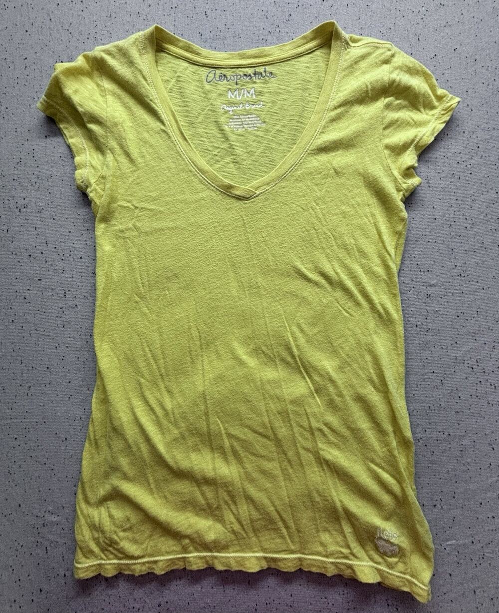 Aeropostale Womens V-Neck T Shirt Size M Medium Yellow Short Sleeve Cotton Blend